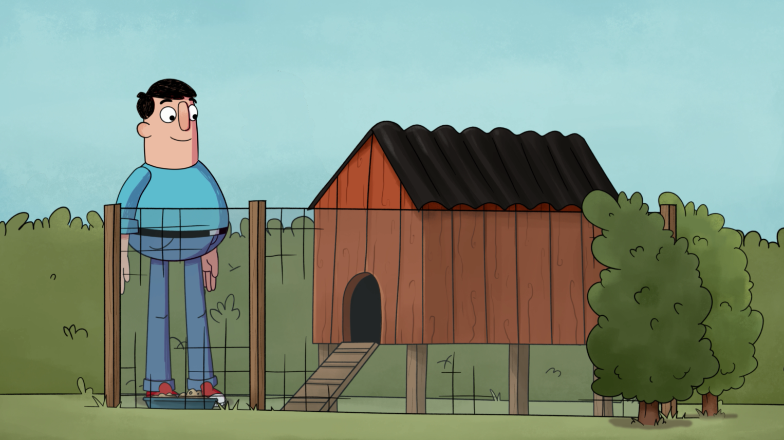 Fumle ved et hønsehus og hønsegård