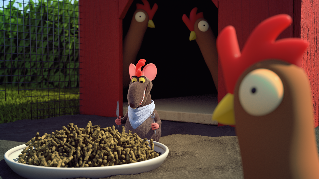 Rotte med bestik sidder klar til at spise ved en madskål